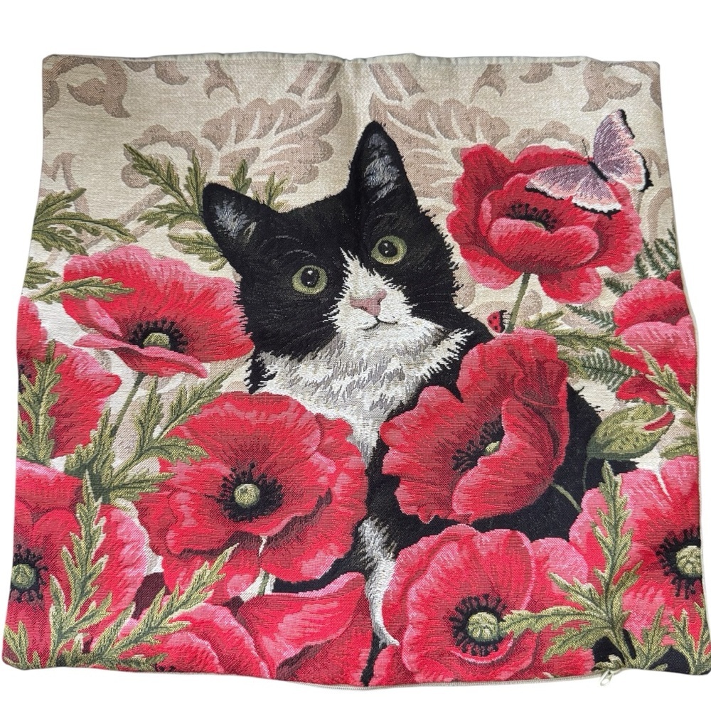 Black Cat & Poppies Jaquard Textile Throw Pillow Cover Case